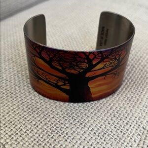 TATTTOOED STEEL Wide Cuff Bracelet Art "Reprieve" Sunset Tree Statement Artsy